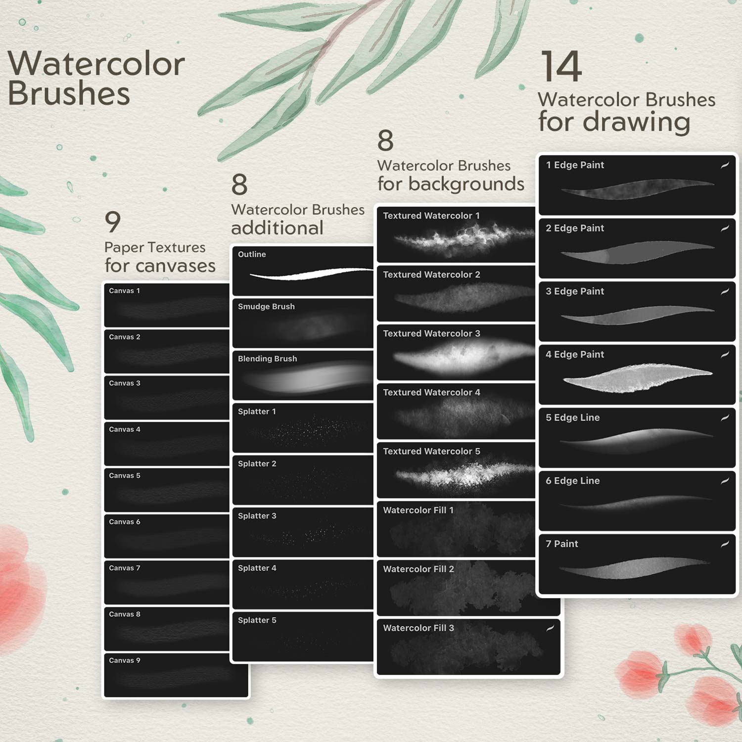 Realistic Watercolor Procreate Brushes preview image.