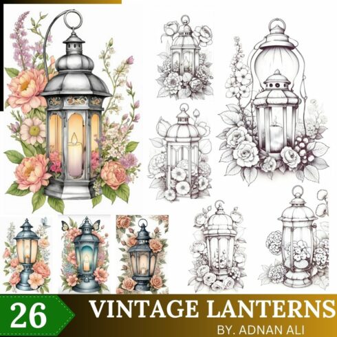 26 vintage lanterns adult coloring pages cover image.