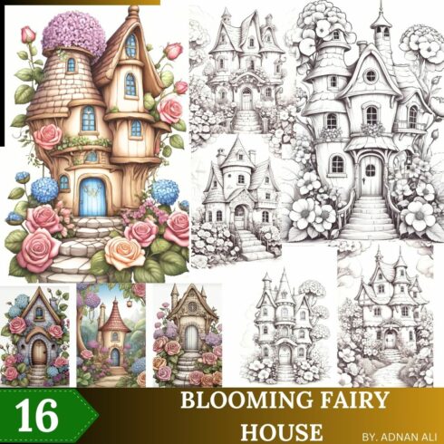 16 Blooming fairy house coloring pages for adults and kids, coloring book, cover image.