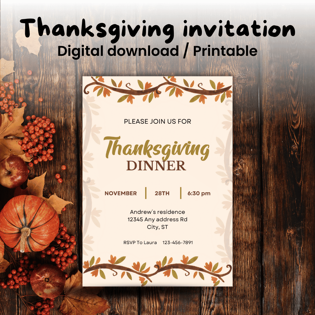 Thanksgiving dinner invitation Canva template preview image.