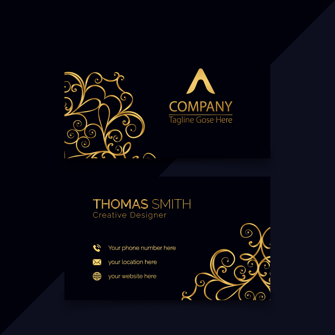 Elegant business card design with a mandala gold template visiting cards preview image.