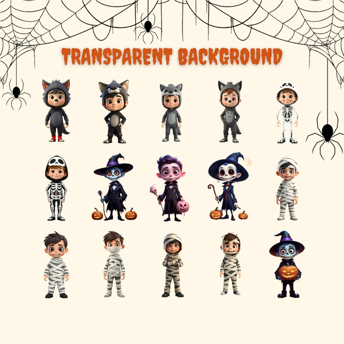 50 3d illustrations of children's characters in halloween costumes preview image.