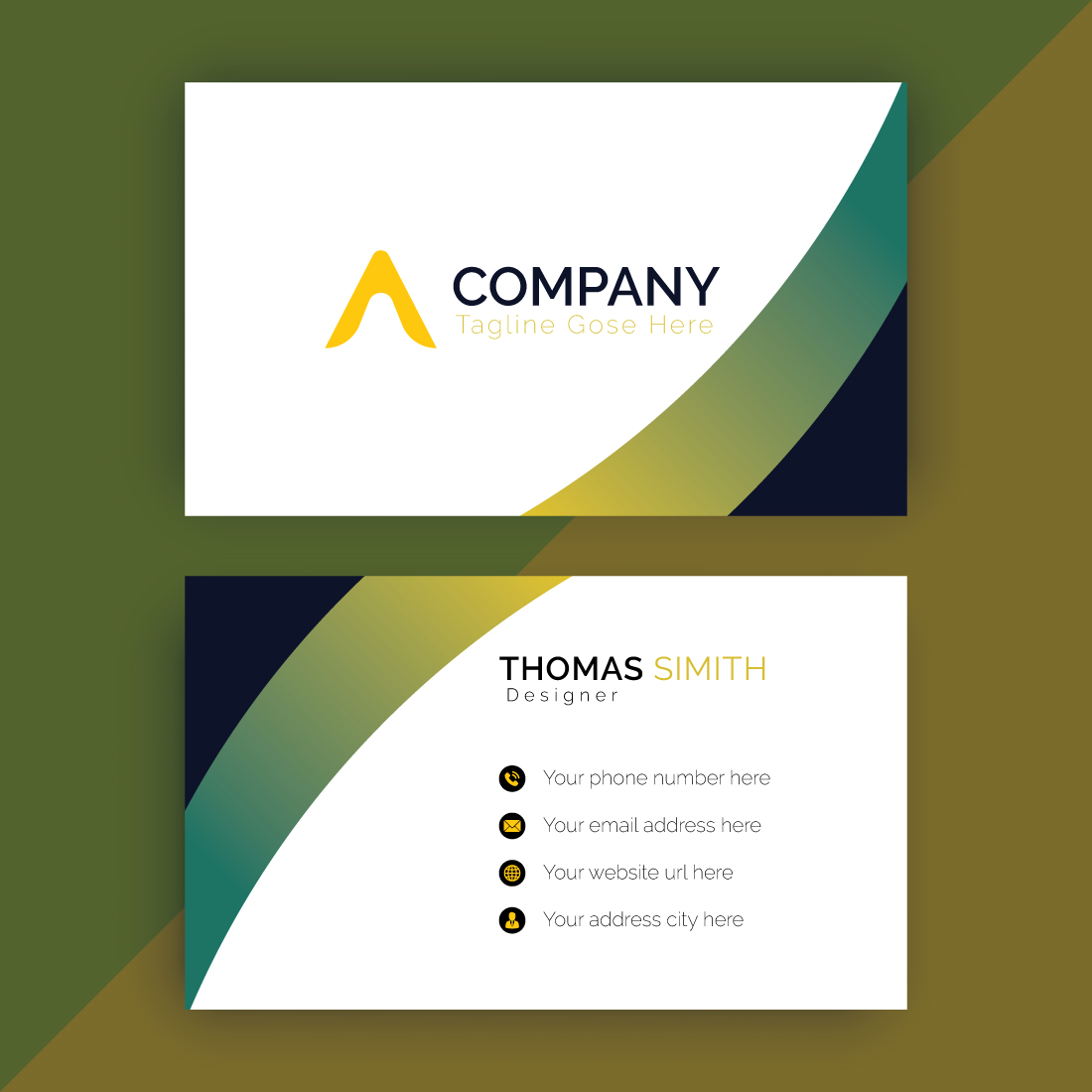 Modern Vector black and green business card design preview image.