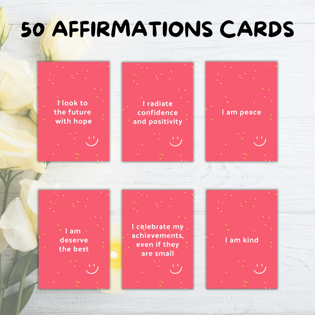 50 positive affirmations cards - Canva template preview image.