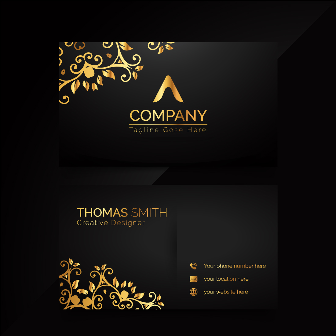 Elegant and imaginative creative golden business card template preview image.