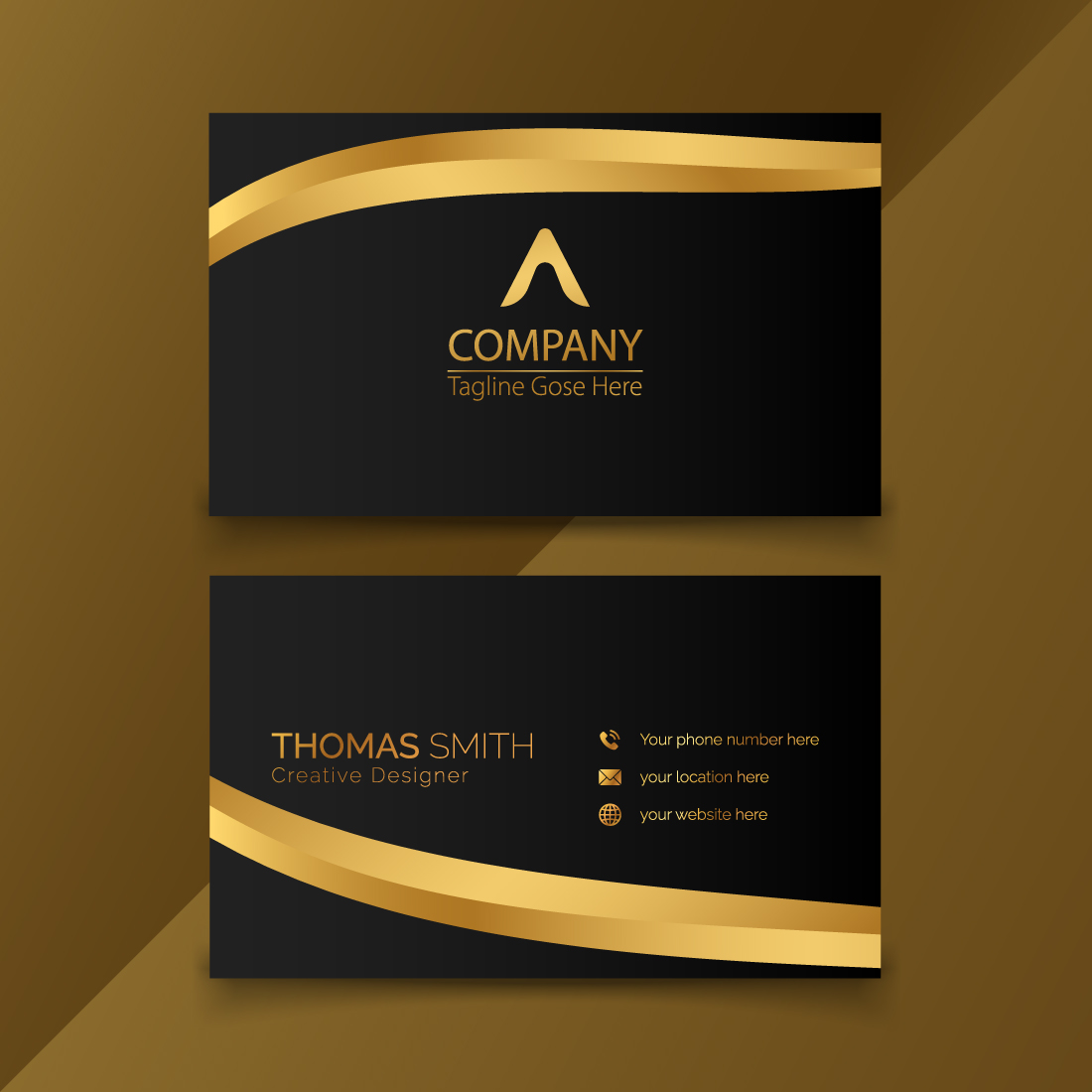 elegant golden template set for business cards with gradients of gold and black preview image.