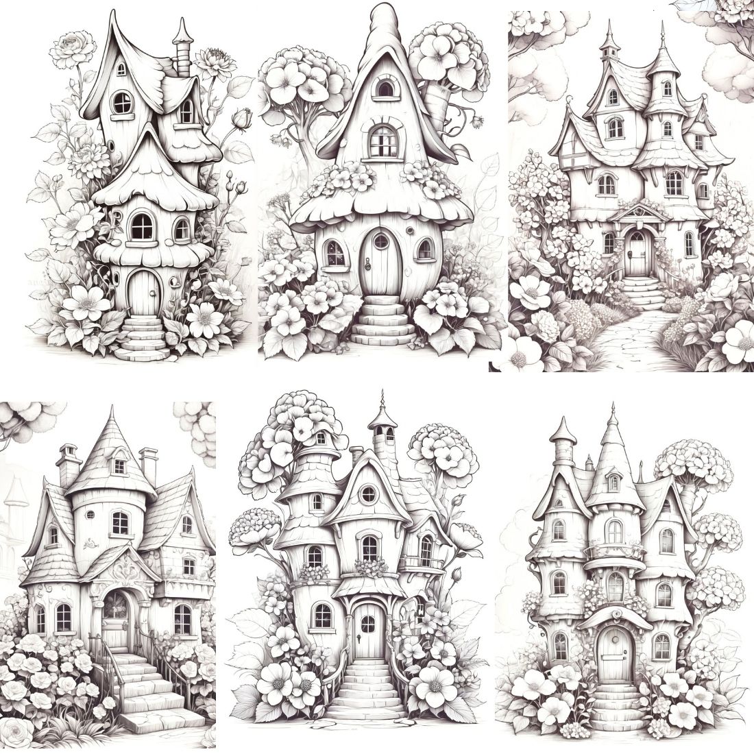 16 Blooming fairy house coloring pages for adults and kids, coloring book, preview image.