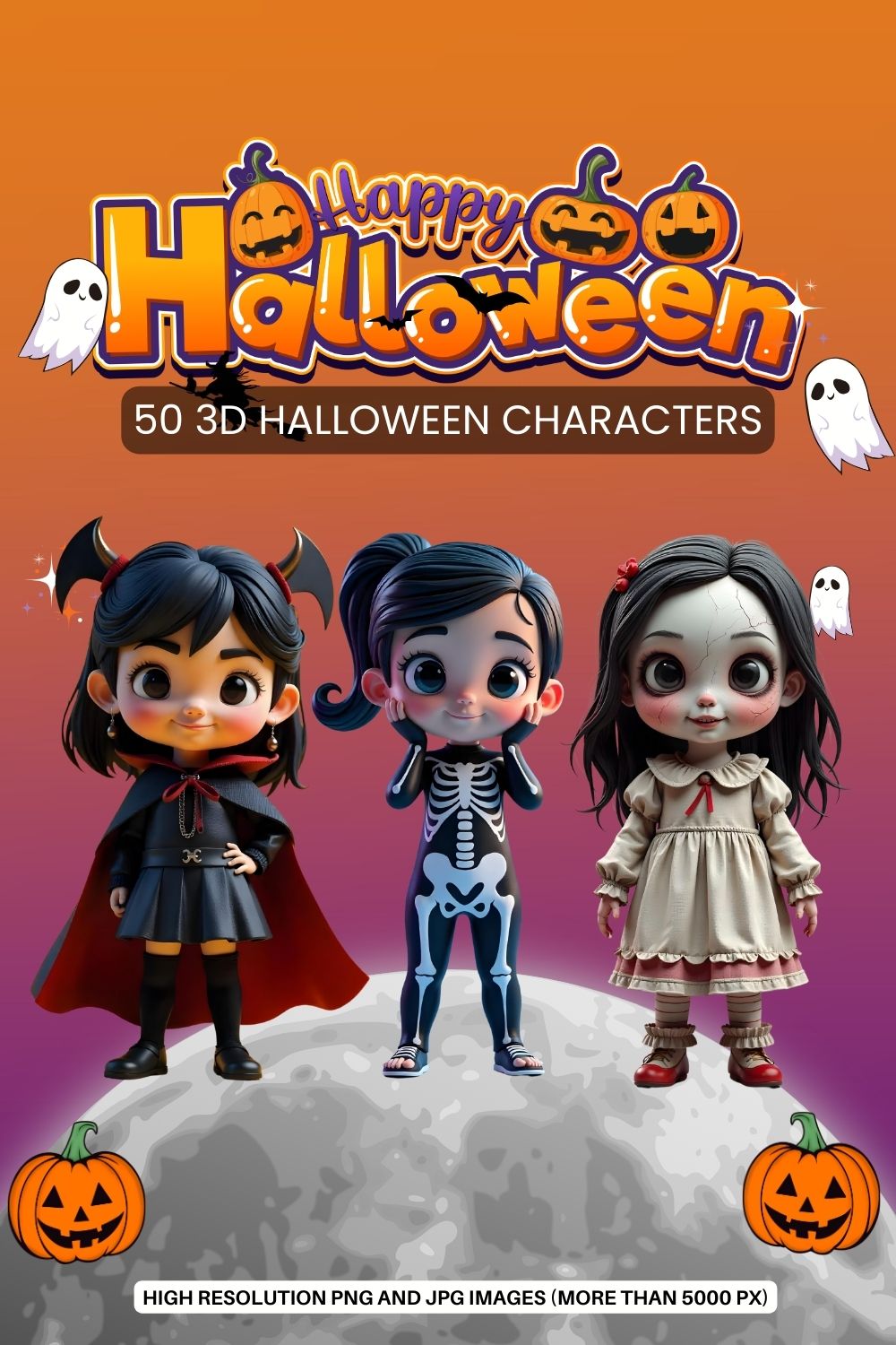 Halloween Character Illustrations - 50 Different 3S Images pinterest preview image.