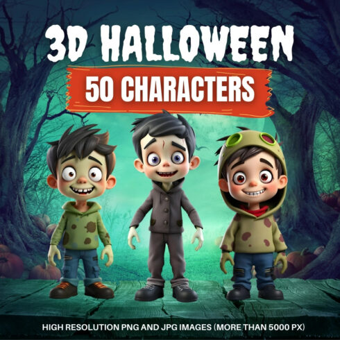 50 3d illustrations of children's characters in halloween costumes cover image.