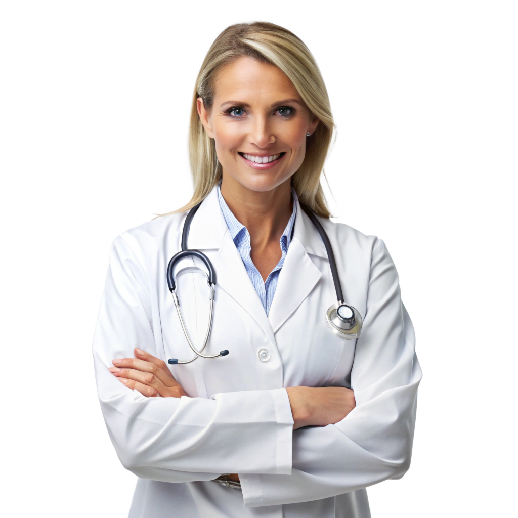 a lady doctor in a white lab coat standing agains 894