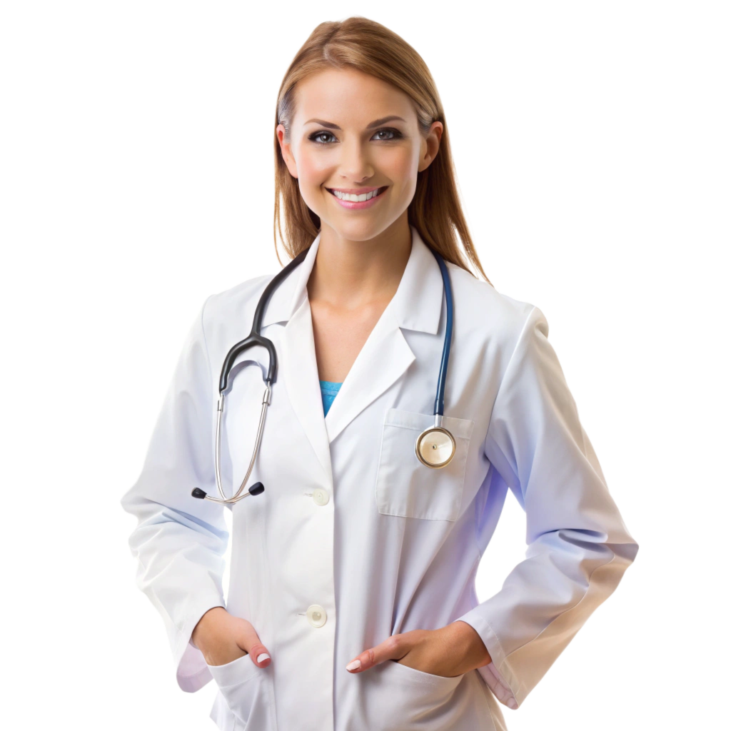 a young lady doctor in a white lab coat standing 410