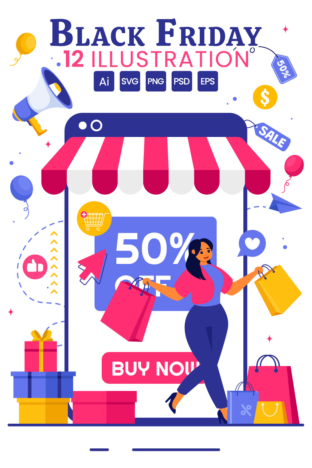 12 Black Friday Sale Event Illustration pinterest preview image.