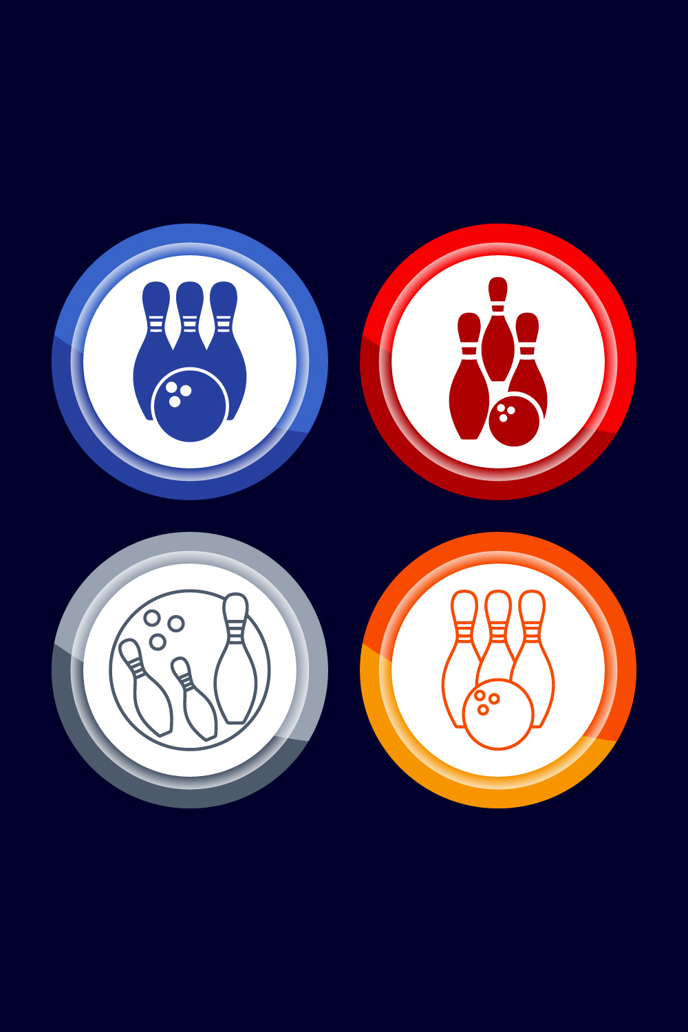 Bowling Pins And Ball Icon Design Illustration, Bowling Game Icon For Apps and Websites, Button Design Set pinterest preview image.