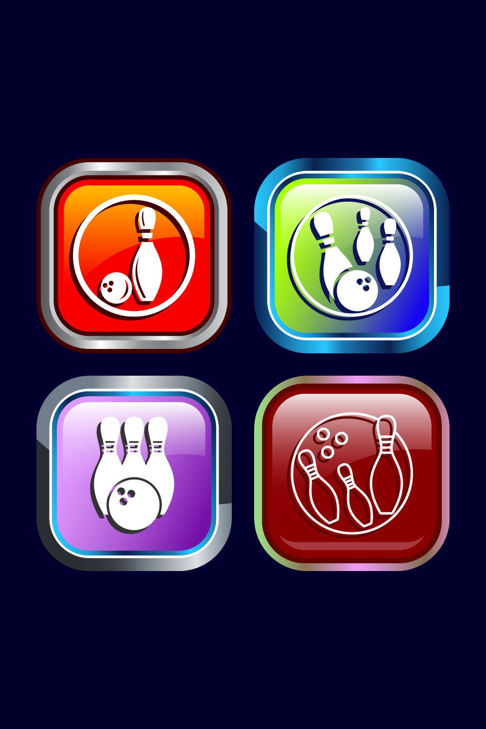 Bowling Pins And Ball Icon Design Illustration, Bowling Game Icon For Apps and Websites, Button Design Set pinterest preview image.