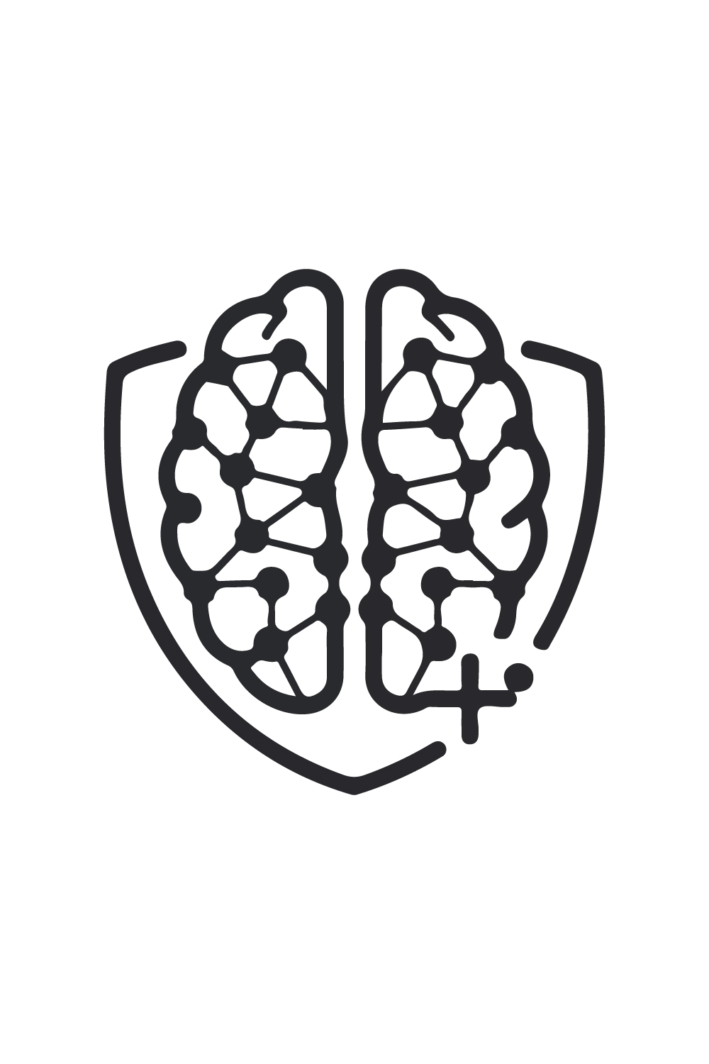 A clean and minimalist logo features a distinctive symbol of a brain with neural connections and a protective shield around it pinterest preview image.