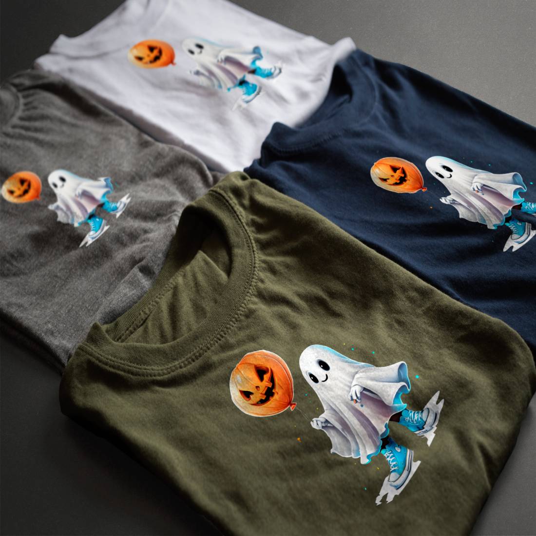 Cute Ghost with Pumpkins T-shirt Design preview image.