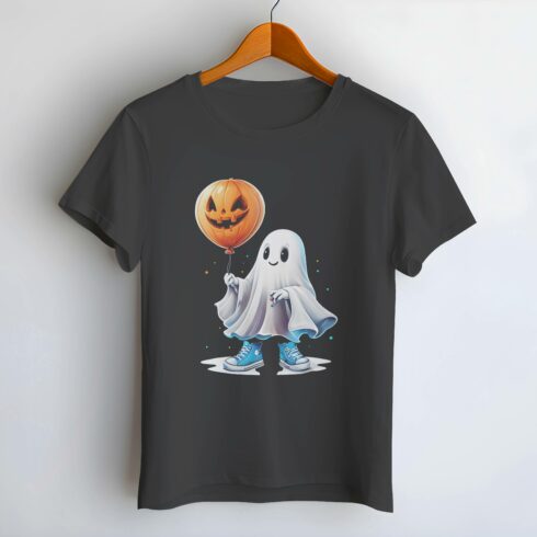 Cute Ghost with Pumpkins T-shirt Design cover image.