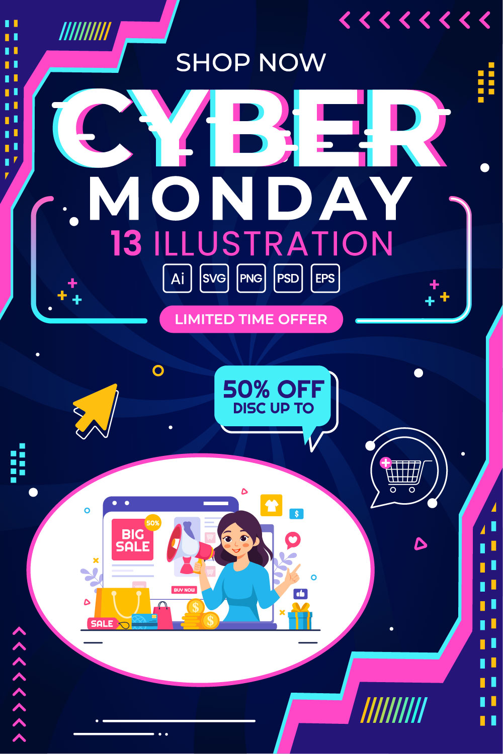 13 Cyber Monday Event Illustration pinterest preview image.