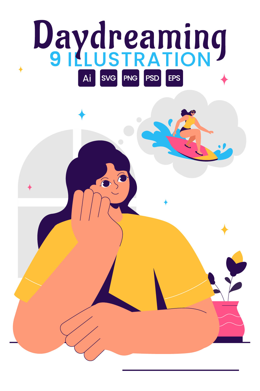 9 People Daydreaming Illustration pinterest preview image.