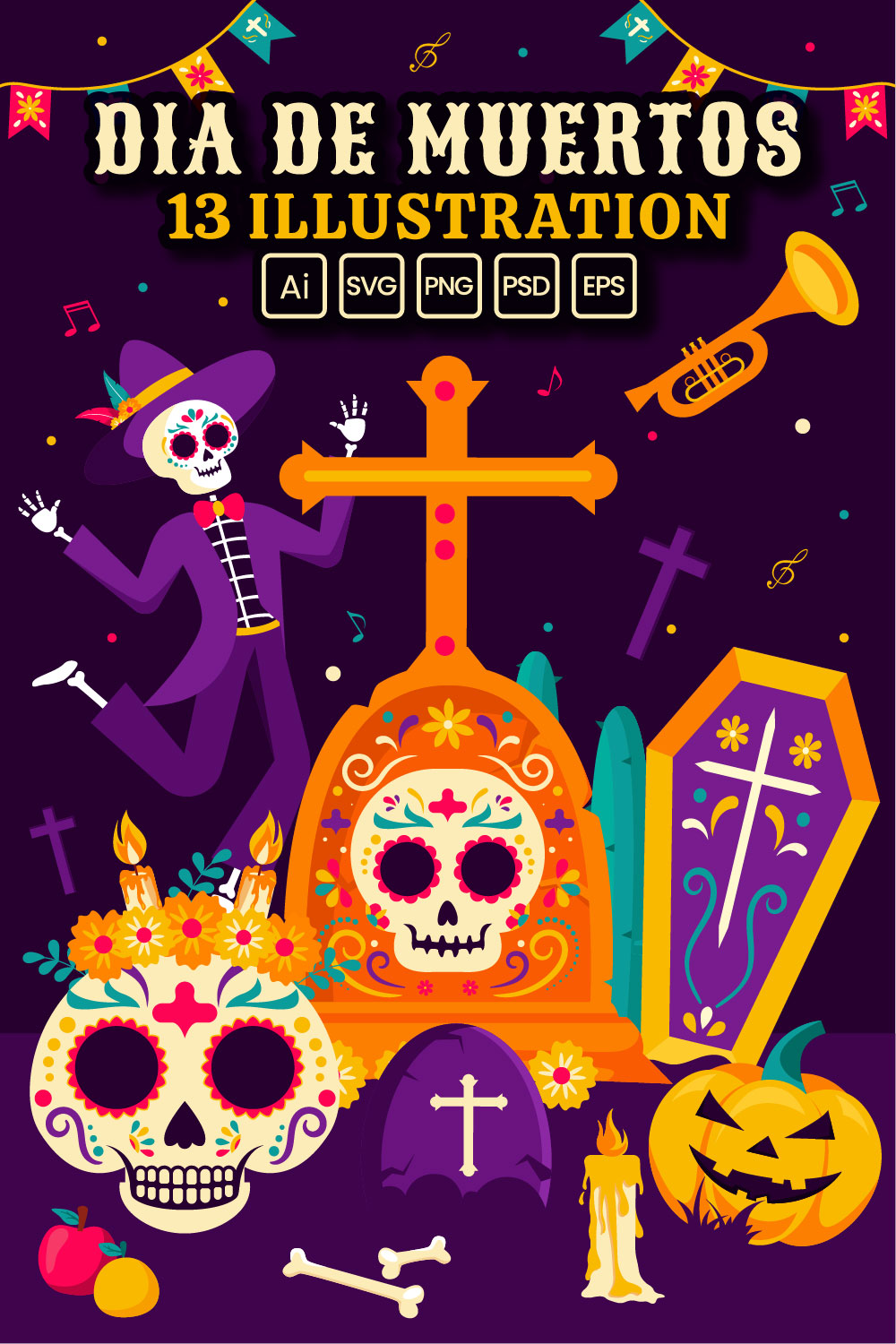 13 Dia de Muertos Illustration pinterest preview image.