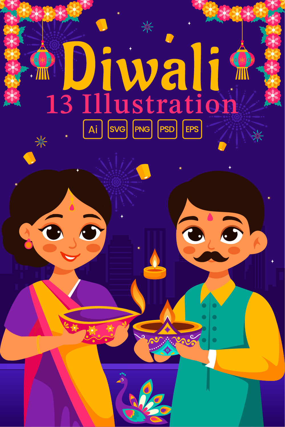 13 Diwali Festival of Lights Illustration pinterest preview image.