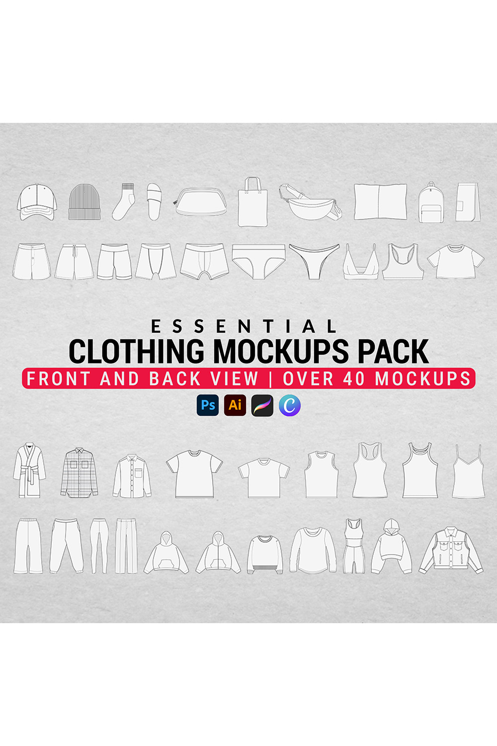 Essential Clothing Mockups Pack pinterest preview image.