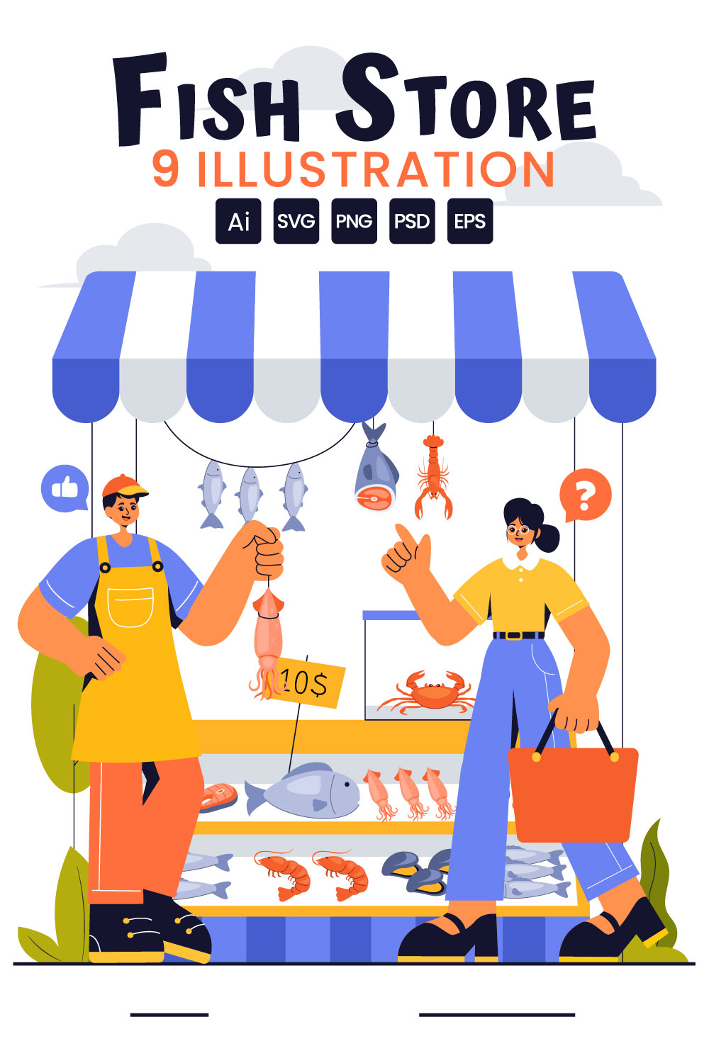 9 Fish Store Illustration pinterest preview image.