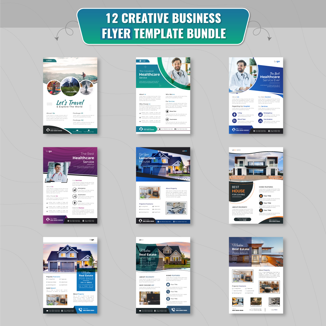 Business flyer design template for travel agency, healthcare and real estate preview image.