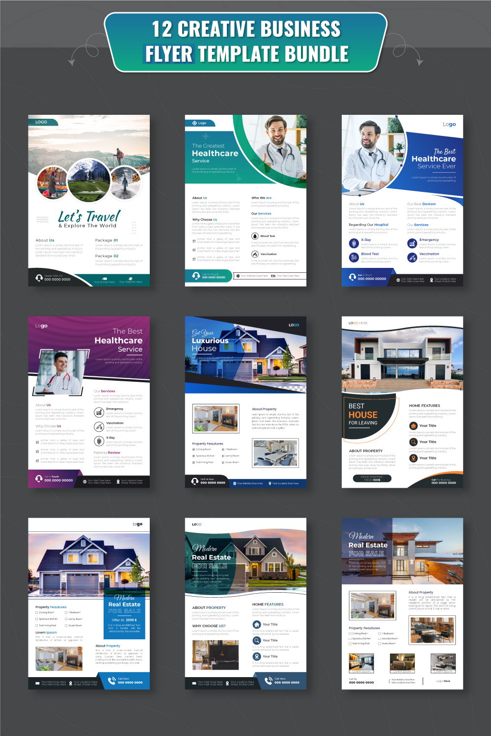 Business flyer design template for travel agency, healthcare and real estate pinterest preview image.