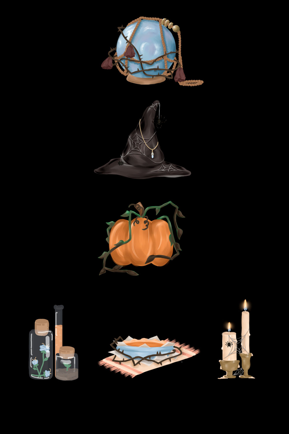 set of mystical icons on the Halloween theme pinterest preview image.