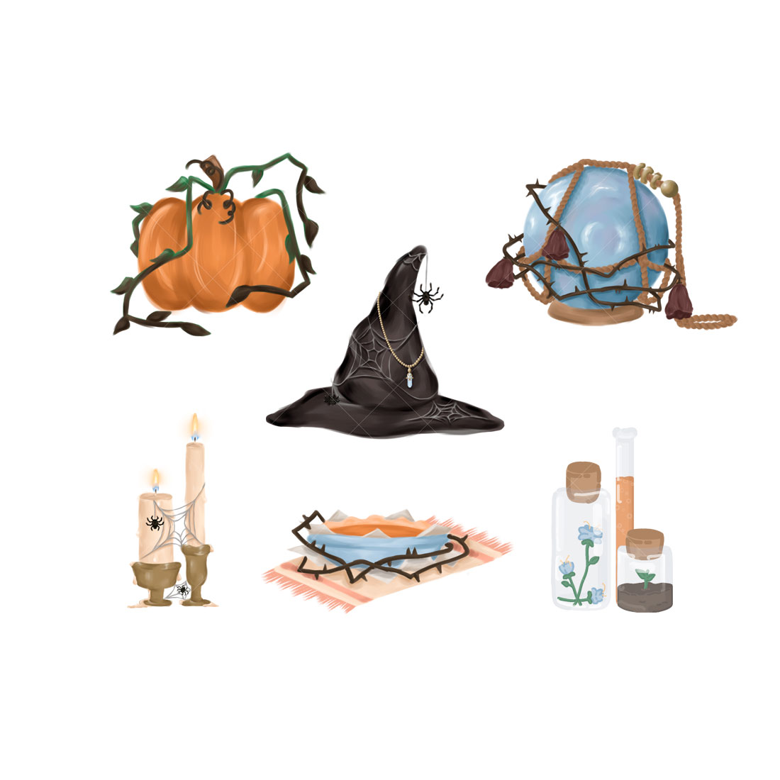 set of mystical icons on the Halloween theme preview image.