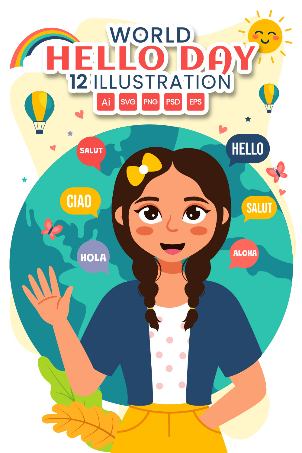 12 World Hello Day Illustration pinterest preview image.