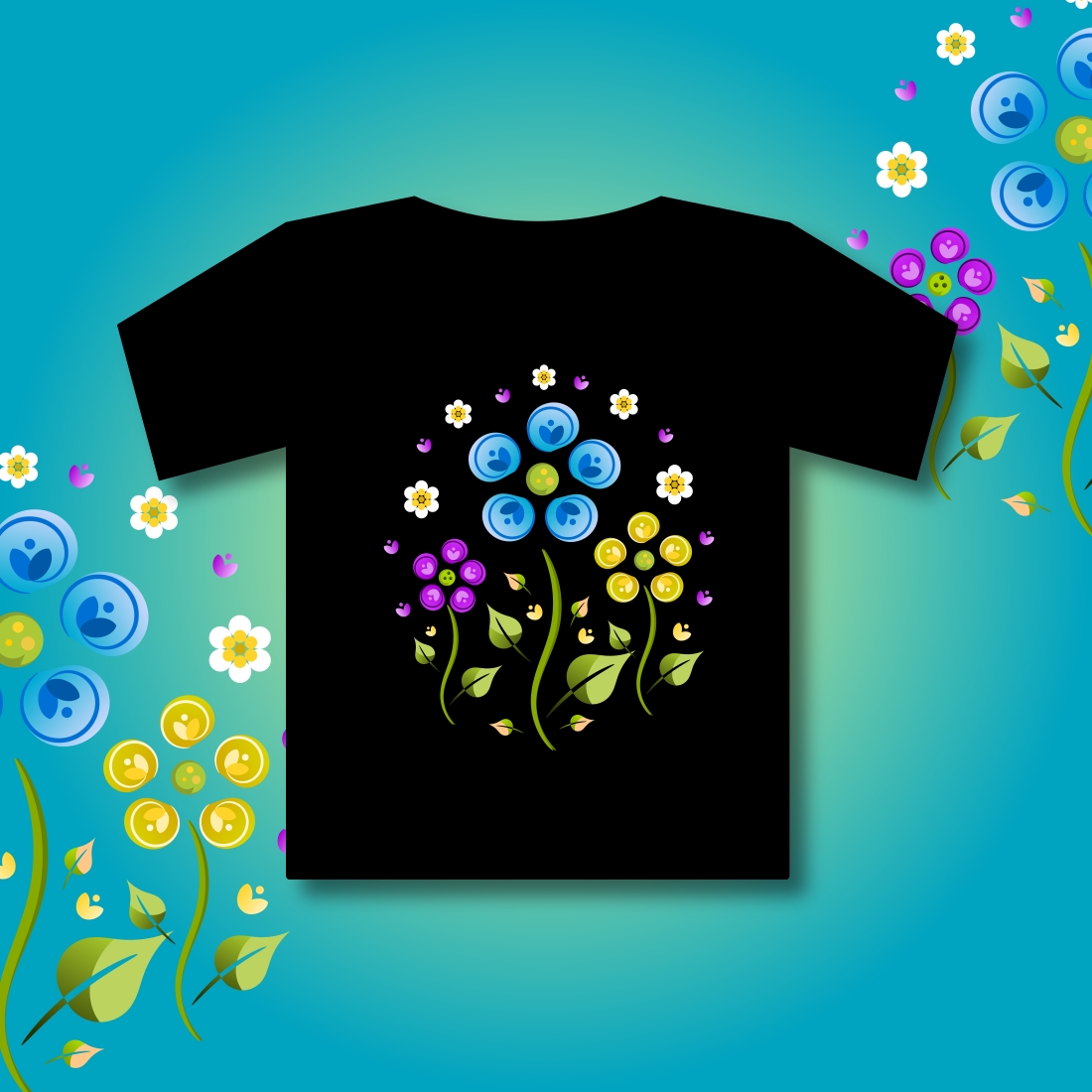 blue, pink and yellow flower t shirt design preview image.