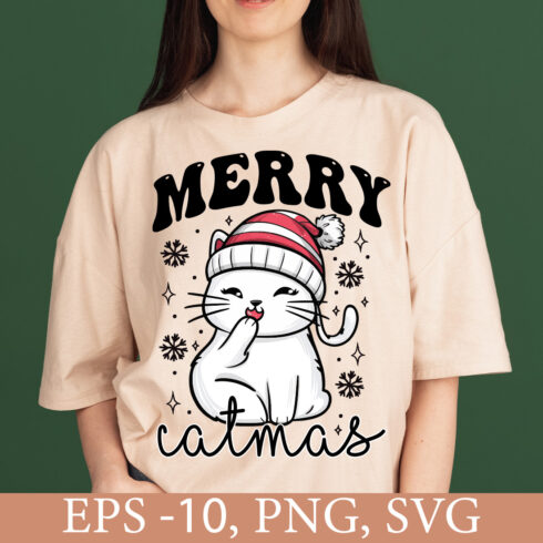 Merry Catmas Cute Christmas Cat T Shirt cover image.