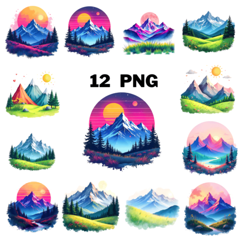 Watercolor Mountain Landscape Sublimation Clipart cover image.