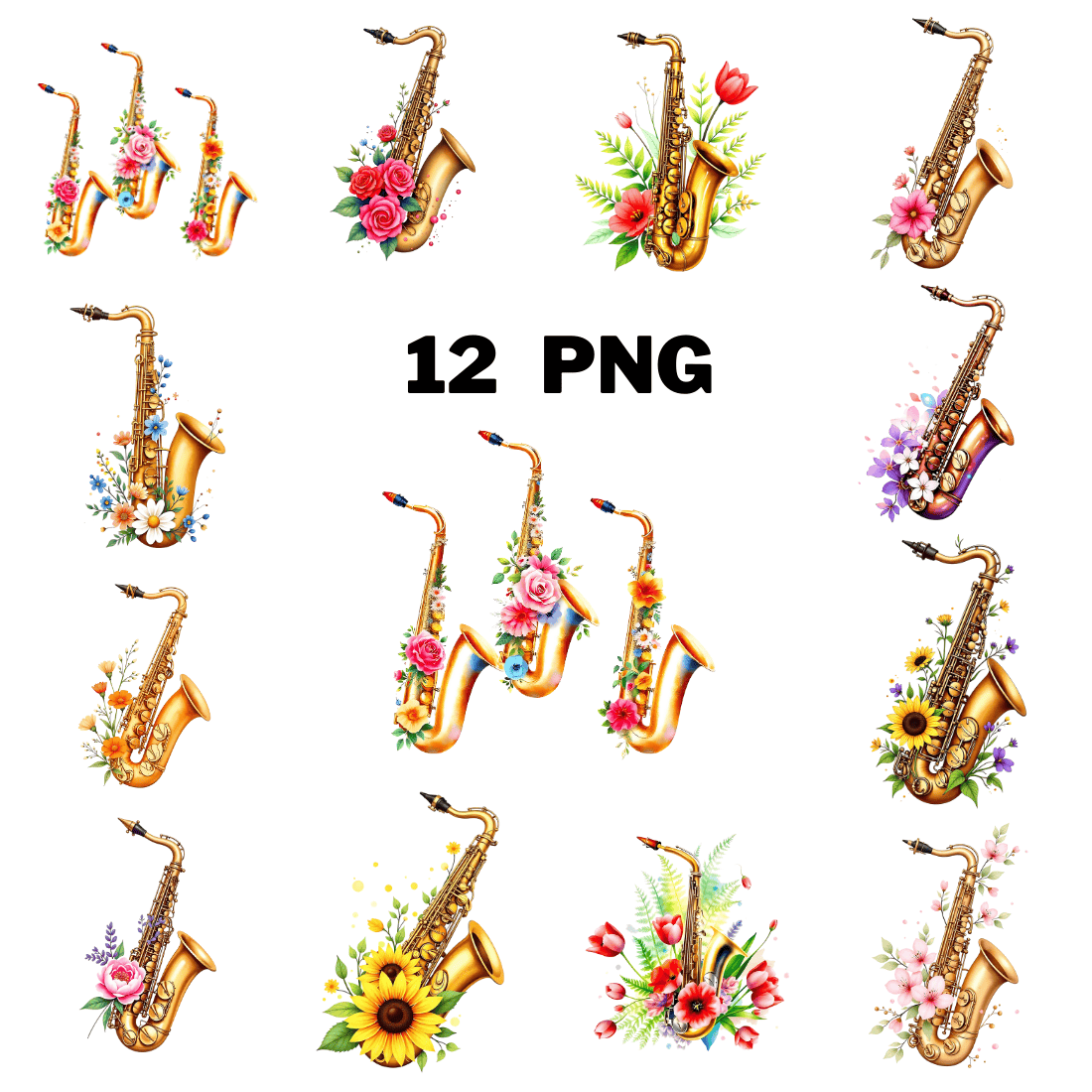 Watercolor Floral Saxophone Sublimation Clipart Bundle cover image.