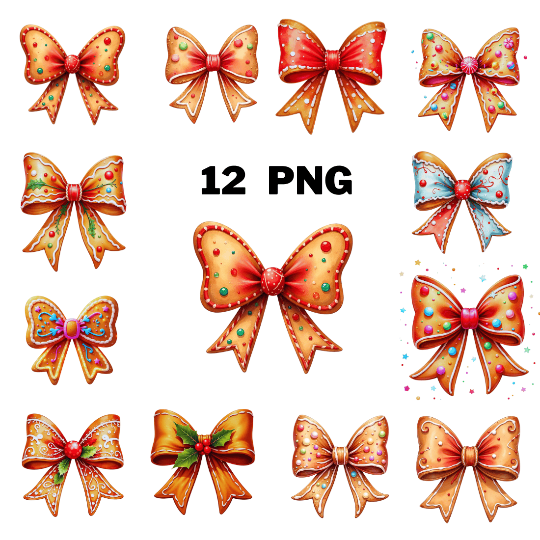 Watercolor Gingerbread Bows Sublimation Clipart cover image.