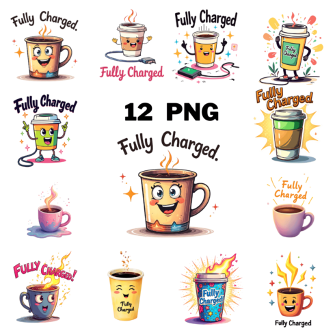 Fully Charged With Coffee Illustration Clipart cover image.