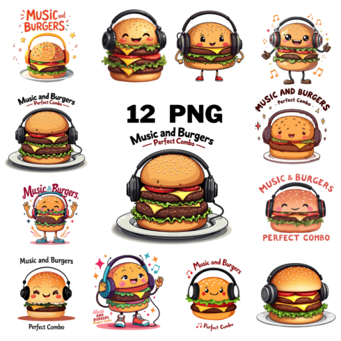 Watercolor Music and Burgers Illustration Clipart Bundle cover image.