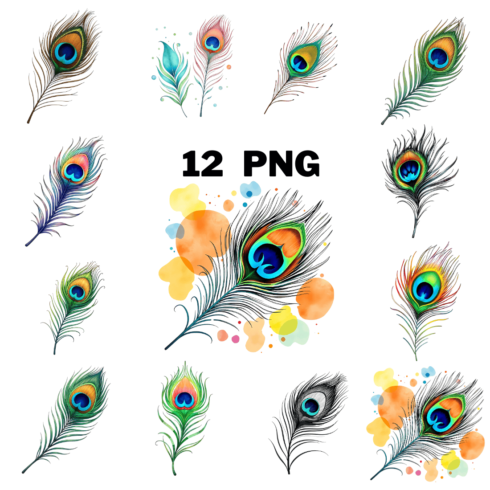 Watercolor Peacock Feathers Sublimation Clipart Bundle cover image.