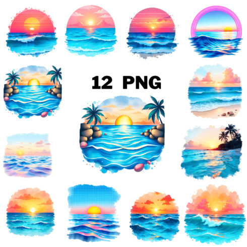 Watercolor Ocean Sunset Sublimation Clipart cover image.