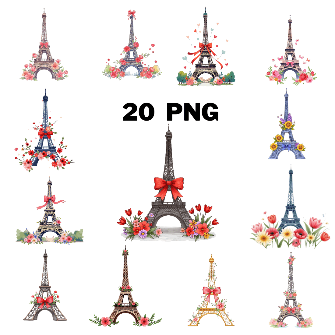 Watercolor Eiffel Tower Sublimation Clipart Bundle cover image.