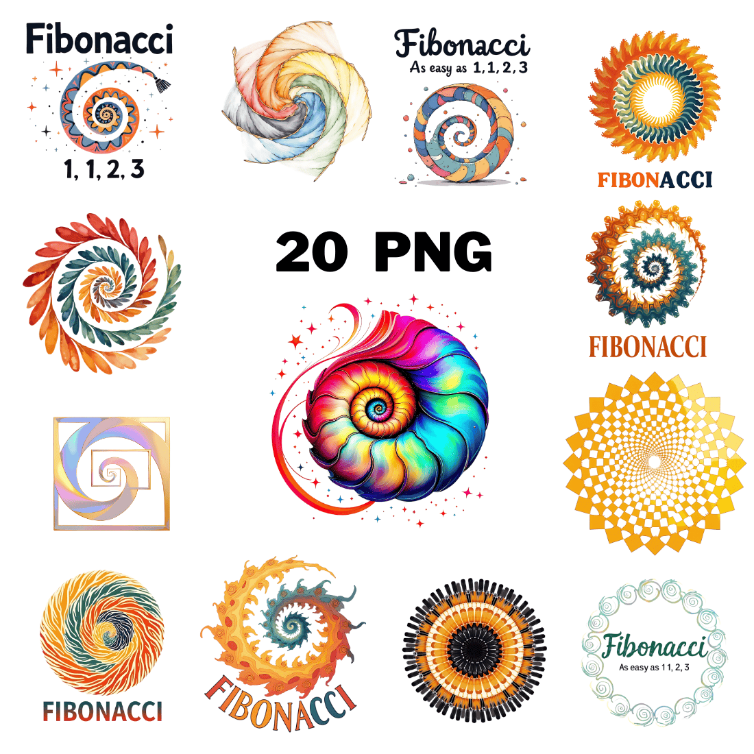 watercolor Fibonacci Sublimation Clipart Bundle cover image.