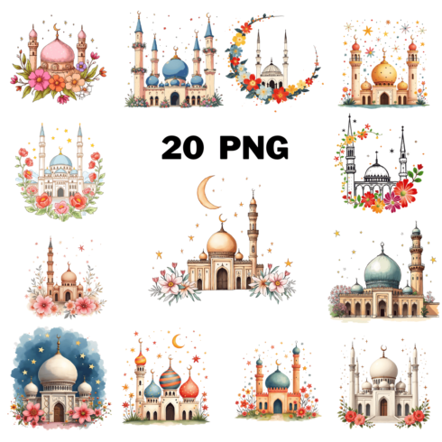 Watercolor Mosque with flowers Sublimation Clipart Bundle cover image.