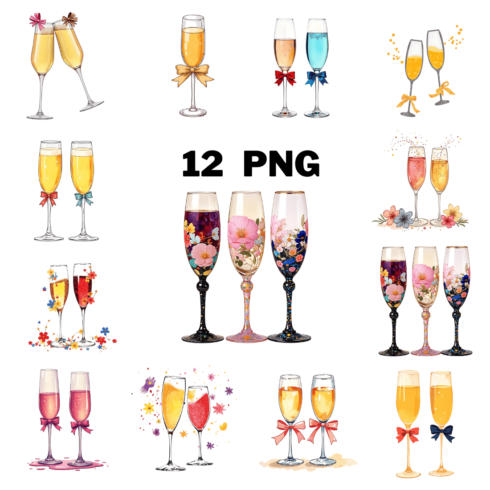 Watercolor Champagne Glasses with Bows Illustration Clipart Bundle cover image.