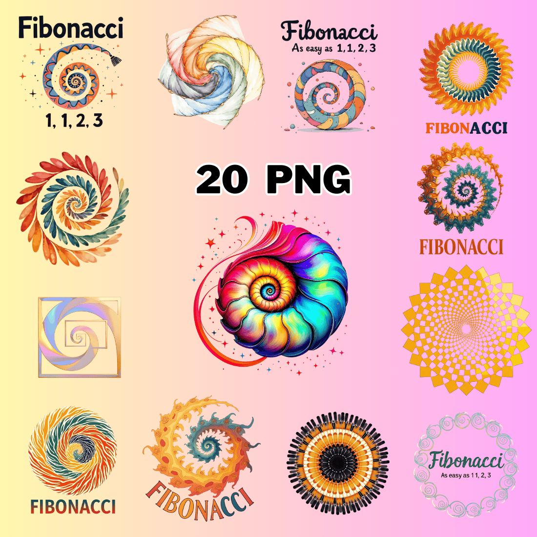 watercolor Fibonacci Sublimation Clipart Bundle preview image.