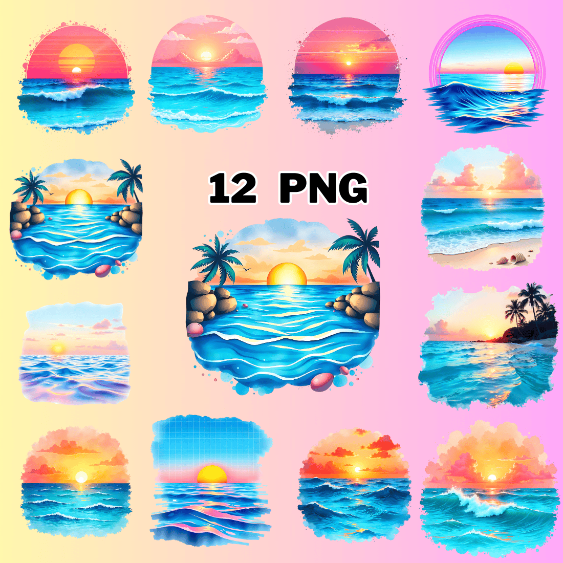 Watercolor Ocean Sunset Sublimation Clipart preview image.