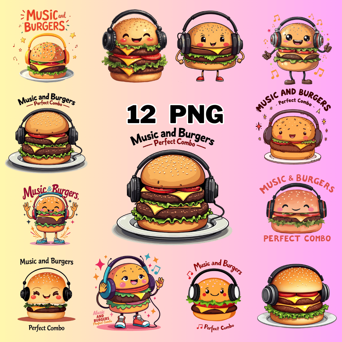 Watercolor Music and Burgers Illustration Clipart Bundle preview image.