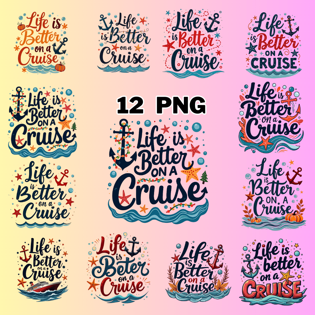 Watercolor Life is Better on a Cruise Sublimation Clipart Bundle preview image.