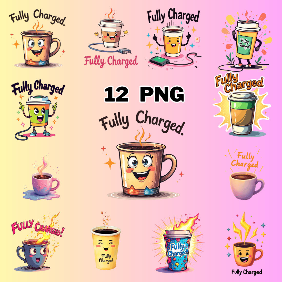 Fully Charged With Coffee Illustration Clipart preview image.